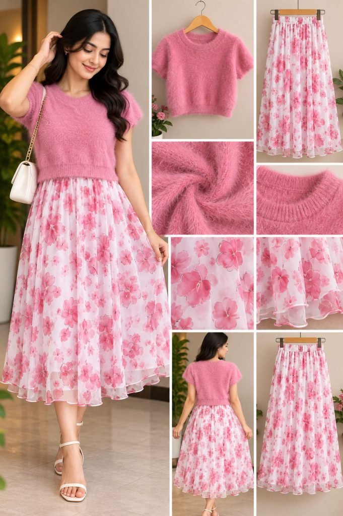 Pink Fuzzy Knit Top with Pink Floral Chiffon Midi Skirt
