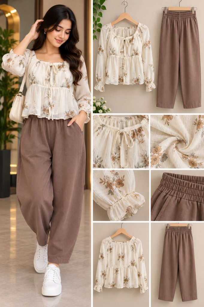 Ivory Floral Print Tiered Blouse with Brown Balloon-Leg Pants