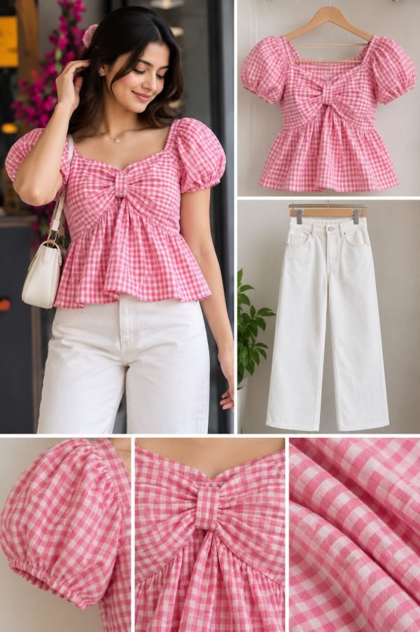 Pink Gingham Bow-Front Puff Sleeve Peplum Top with White Wide-Leg Jeans