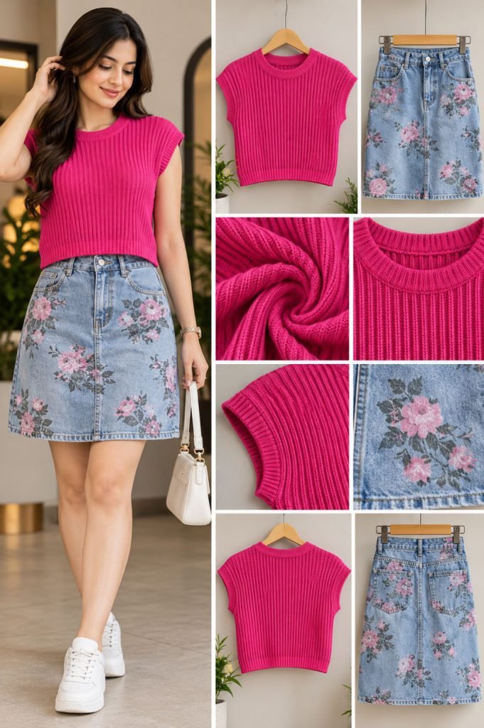 Pink Ribbed Knit Top with Floral Print Denim Skirt