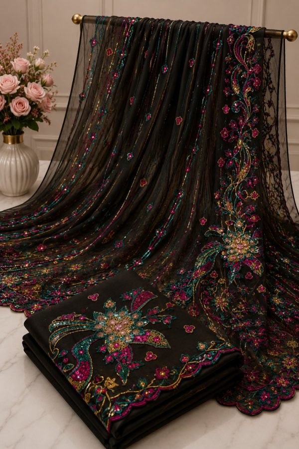Black Net Multicolour Floral Sequin Embroidered Saree