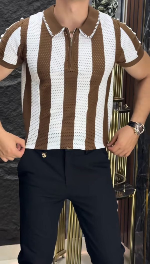 Brown & White Striped Knit Zip Polo