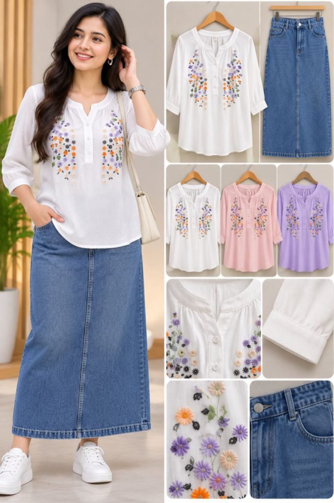 Ladies White Embroidered Top with Denim Skirt Co-ord Set