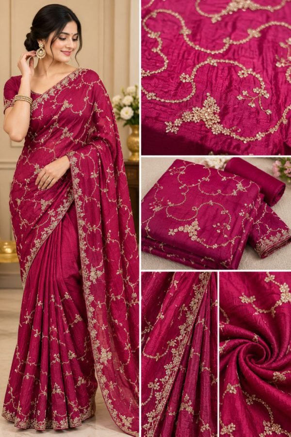 Magenta Pink Golden Embroidered Saree