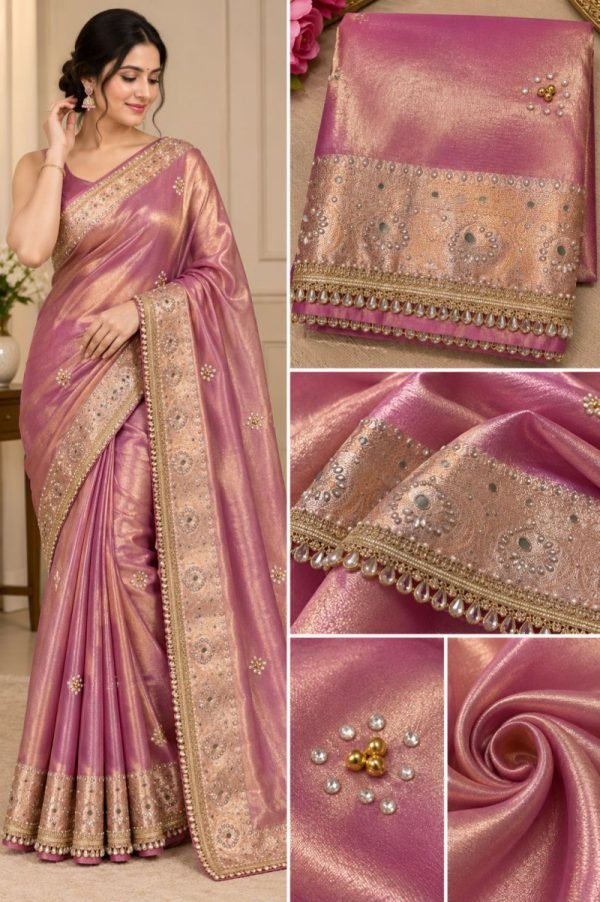 Pink Tissue Saree with Mirror Work Border