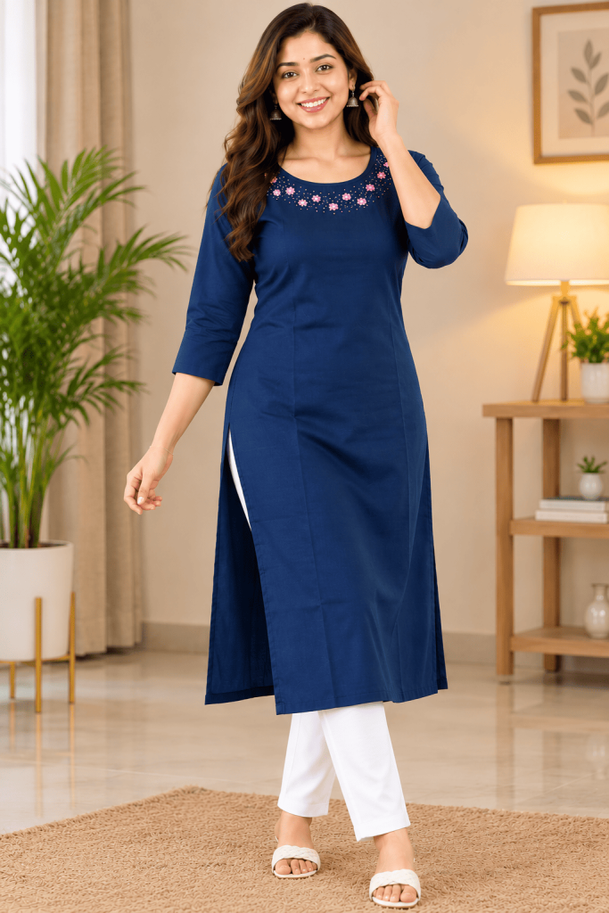 Navy Blue Premium-Quality Kurti for Women with Elegant Floral Embroidery